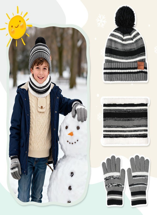Bessteven Kids Winter Hat Scarf Gloves: Boys Beanie Hats Gloves Set for Ages 6-10 Warm Thick Fleece Lined Winter Set Knit Cap Snow Ski, Black, One Size - Image 2