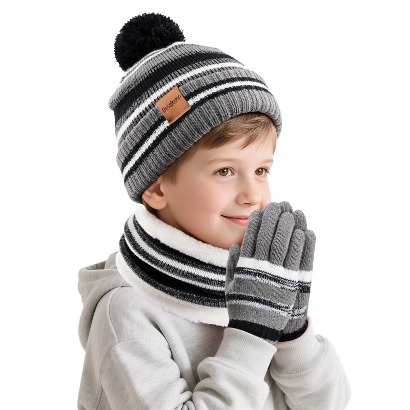 Bessteven Kids Winter Hat Scarf Gloves: Boys Beanie Hats Gloves Set for Ages 6-10 Warm Thick Fleece Lined Winter Set Knit Cap Snow Ski, Black, One Size - Image 1