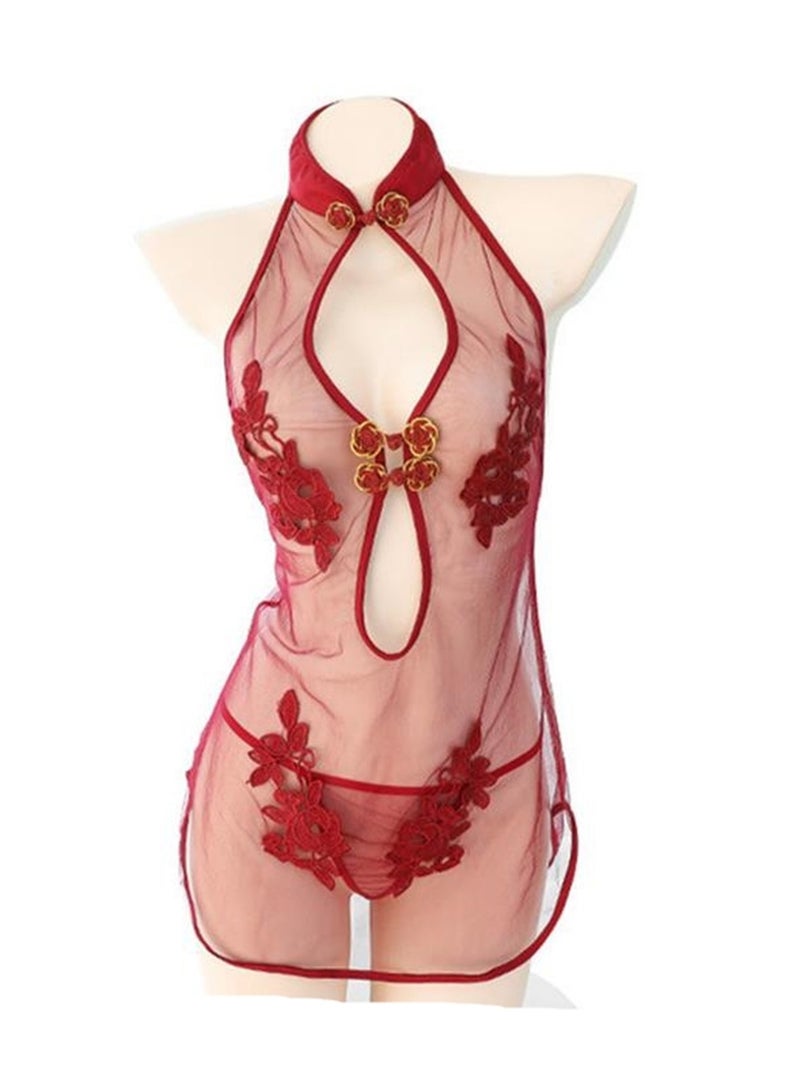 Embroidered transparent pajamas set, nightgown and underwear two-piece set  - Image 1