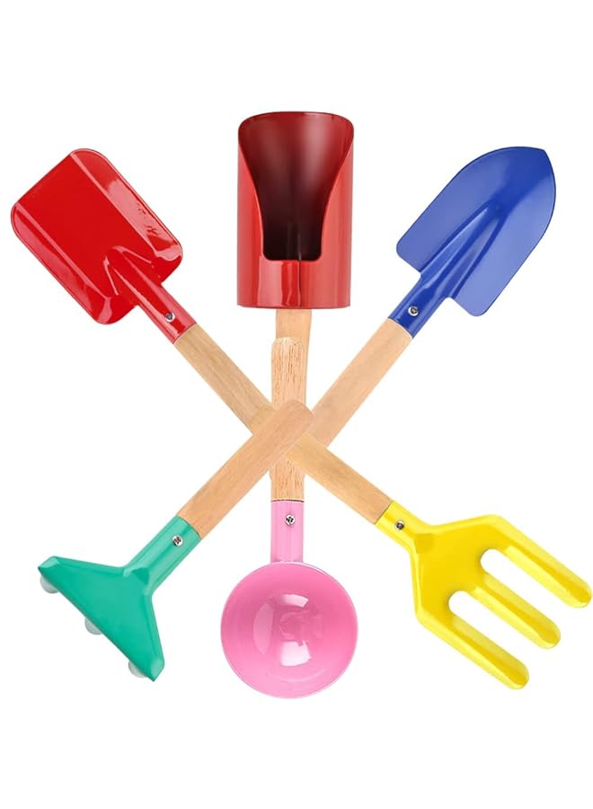 Excefore Beach Toy Set 6 Piece Kids Beach Tools With Spoon Shovel Rake Weed Fork Trowel Dirt Digging Toys Metal Beach Toys With Wooden Handles For Children - Image 1