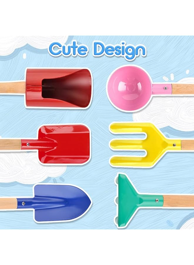 Excefore Beach Toy Set 6 Piece Kids Beach Tools With Spoon Shovel Rake Weed Fork Trowel Dirt Digging Toys Metal Beach Toys With Wooden Handles For Children - Image 2