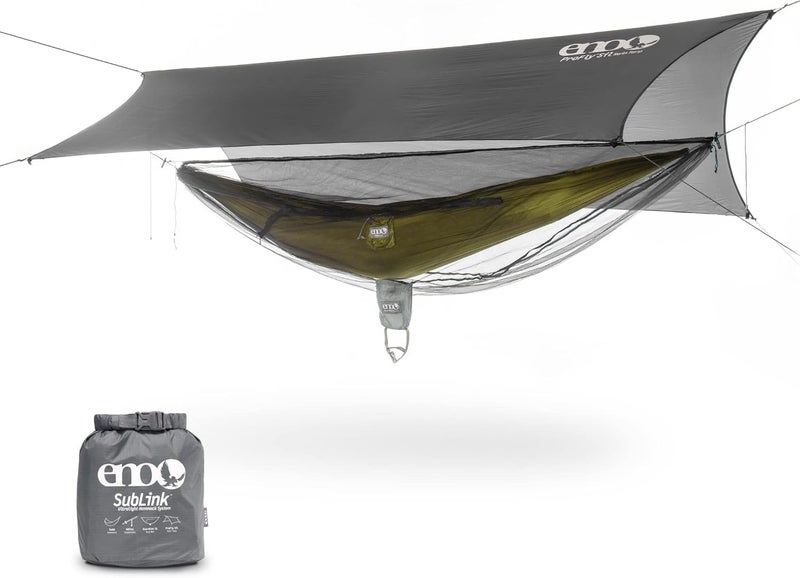 Eno ENO SubLink Hammock System  Includes Sub6 Hammock Helios Suspension System Guardian SL Bug Net  ProFly SIL Rain Tarp  Set of Lightweight Essentials for Camping or Hiking  GreyLichen 