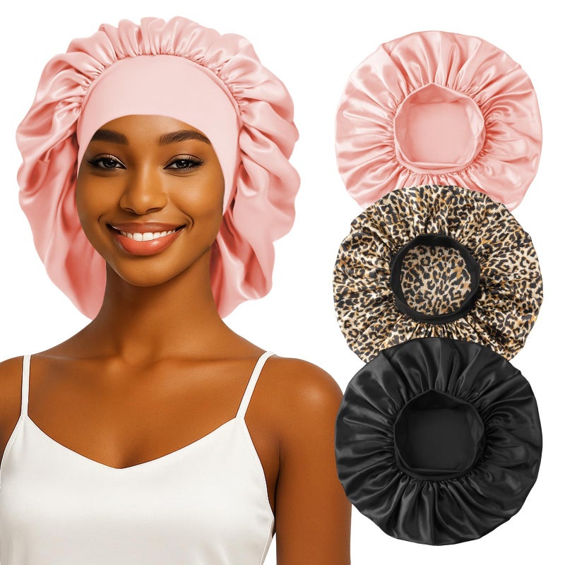 ZHENSILK 3PCS Silk Sleep Bonnet for Women, Large Satin Hair Caps with Elastic Band, Curly Hair Wrap for Sleeping, Frizz Protection (Black, Blush, Leopard Print) - Image 1