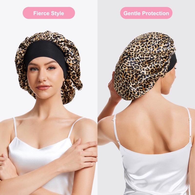 ZHENSILK 3PCS Silk Sleep Bonnet for Women, Large Satin Hair Caps with Elastic Band, Curly Hair Wrap for Sleeping, Frizz Protection (Black, Blush, Leopard Print) - Image 3
