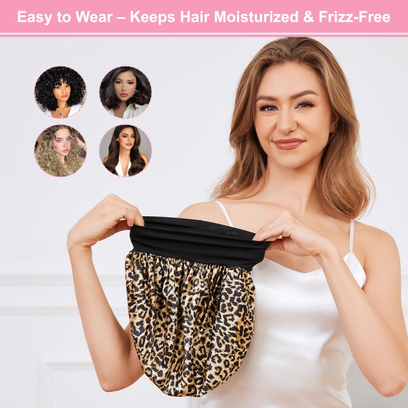 ZHENSILK 3PCS Silk Sleep Bonnet for Women, Large Satin Hair Caps with Elastic Band, Curly Hair Wrap for Sleeping, Frizz Protection (Black, Blush, Leopard Print) - Image 5