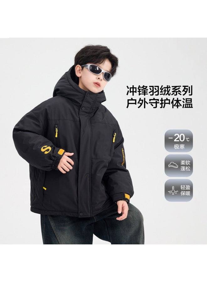 Boys' Winter Black Waterproof Jacket Down Coat  New Style Children's Color-blocking Thickened Cold-proof Washable Jacket