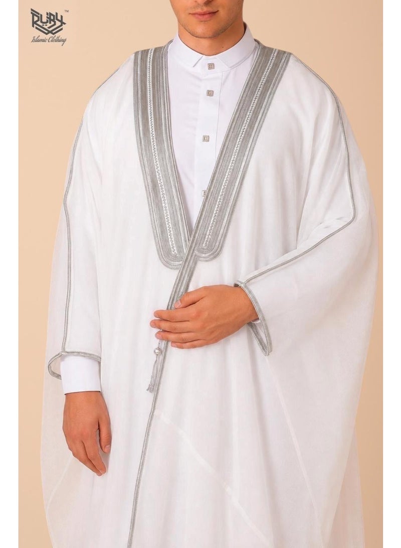 روبي للملابس الإسلامية بشت عربي أبيض من رويال بريستيج مع حافة فضية مزخرفة - Image 1