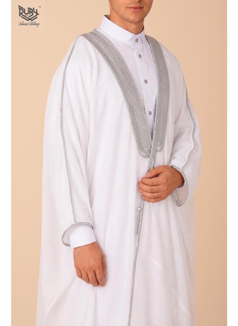 روبي للملابس الإسلامية بشت عربي أبيض من رويال بريستيج مع حافة فضية مزخرفة - Image 2