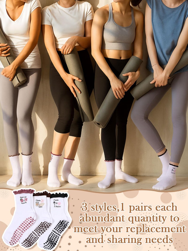 Croloose 3 Pairs Cute Pilates Socks with Grips Non-slip Ruffle Cotton Yoga Pilates Socks for Women Workout Athletic Ballet (3 Colors) - Image 3