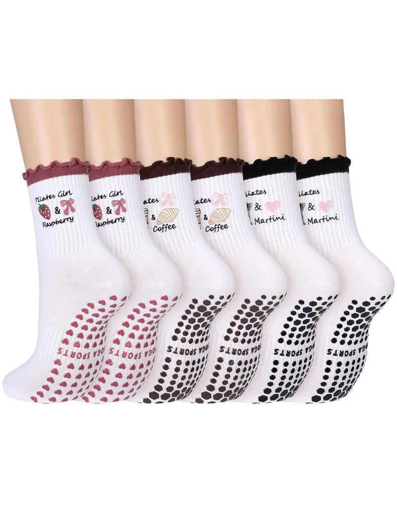 Croloose 3 Pairs Cute Pilates Socks with Grips Non-slip Ruffle Cotton Yoga Pilates Socks for Women Workout Athletic Ballet (3 Colors) - Image 1