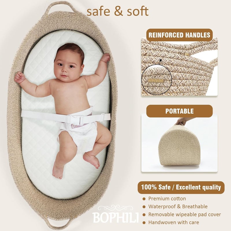 BOPHILI Baby Changing Basket wFoldable Baby Changing Pad and Waterpoof Cover Premium Handmade Cotton Rope Reinforced Moses Baskets Changing Table Topper Builtin Security Strap Warm Brown - Image 2