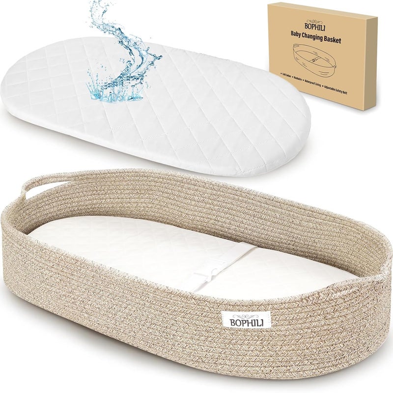 BOPHILI Baby Changing Basket wFoldable Baby Changing Pad and Waterpoof Cover Premium Handmade Cotton Rope Reinforced Moses Baskets Changing Table Topper Builtin Security Strap Warm Brown - Image 1