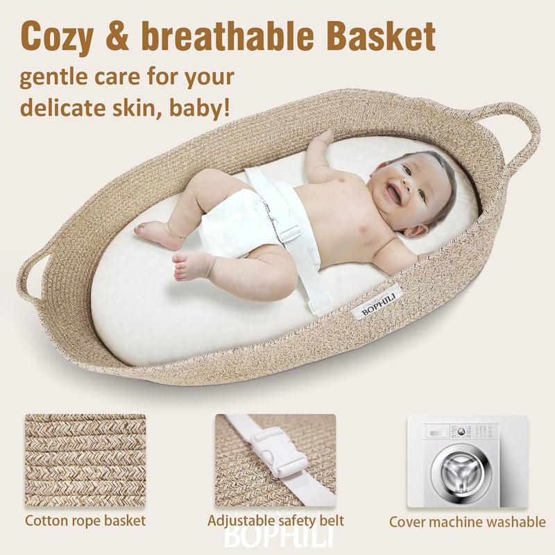 BOPHILI Baby Changing Basket wFoldable Baby Changing Pad and Waterpoof Cover Premium Handmade Cotton Rope Reinforced Moses Baskets Changing Table Topper Builtin Security Strap Warm Brown - Image 4