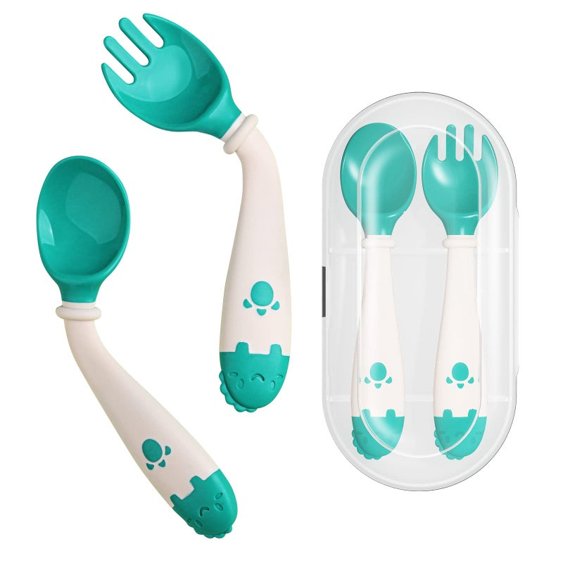 Deejoy Toddler Utensils, Self-feeding Flatware Set withTravel Case, Baby Spoons and Forks with Silicone Bendable Handle, Easy Grip Heat-Resistant, Ideal for Kids, Stage 2 Green - Image 1