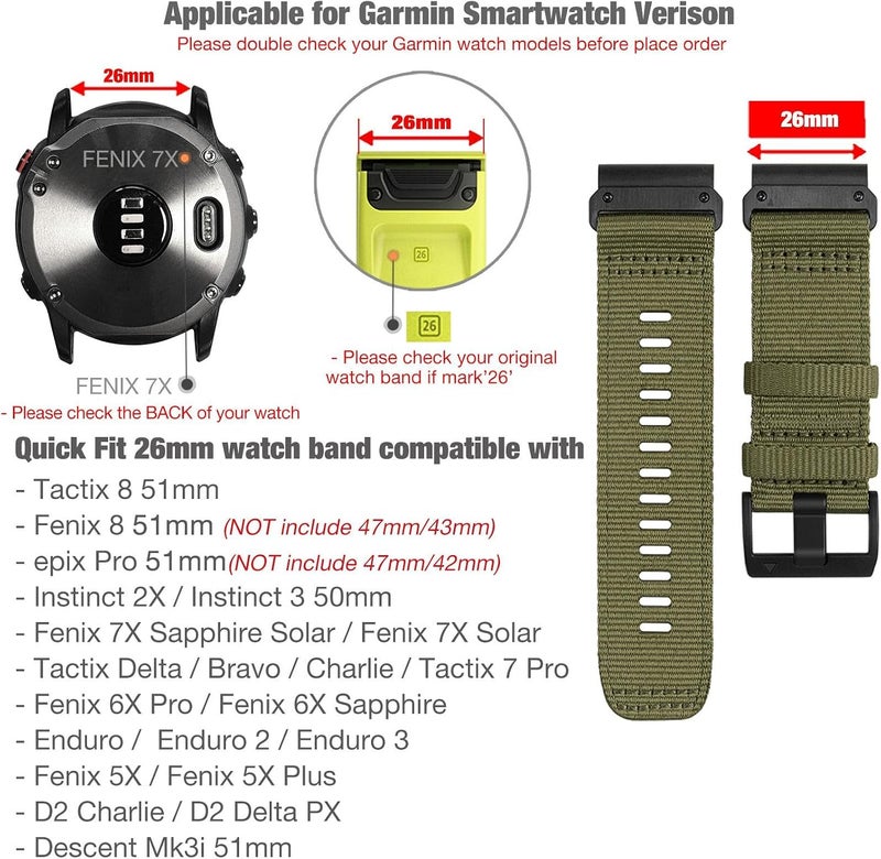Abanen Rugged Nylon Watch Bands for Garmin Fenix 7X / Fenix 6X / Fenix 5X/Enduro 2, Quick Fit 26mm Adjustable Woven Nylon Sports Wrist Strap with Stainless Steel Clasp for Tactix 7 Pro, epix Pro 51mm - Image 2