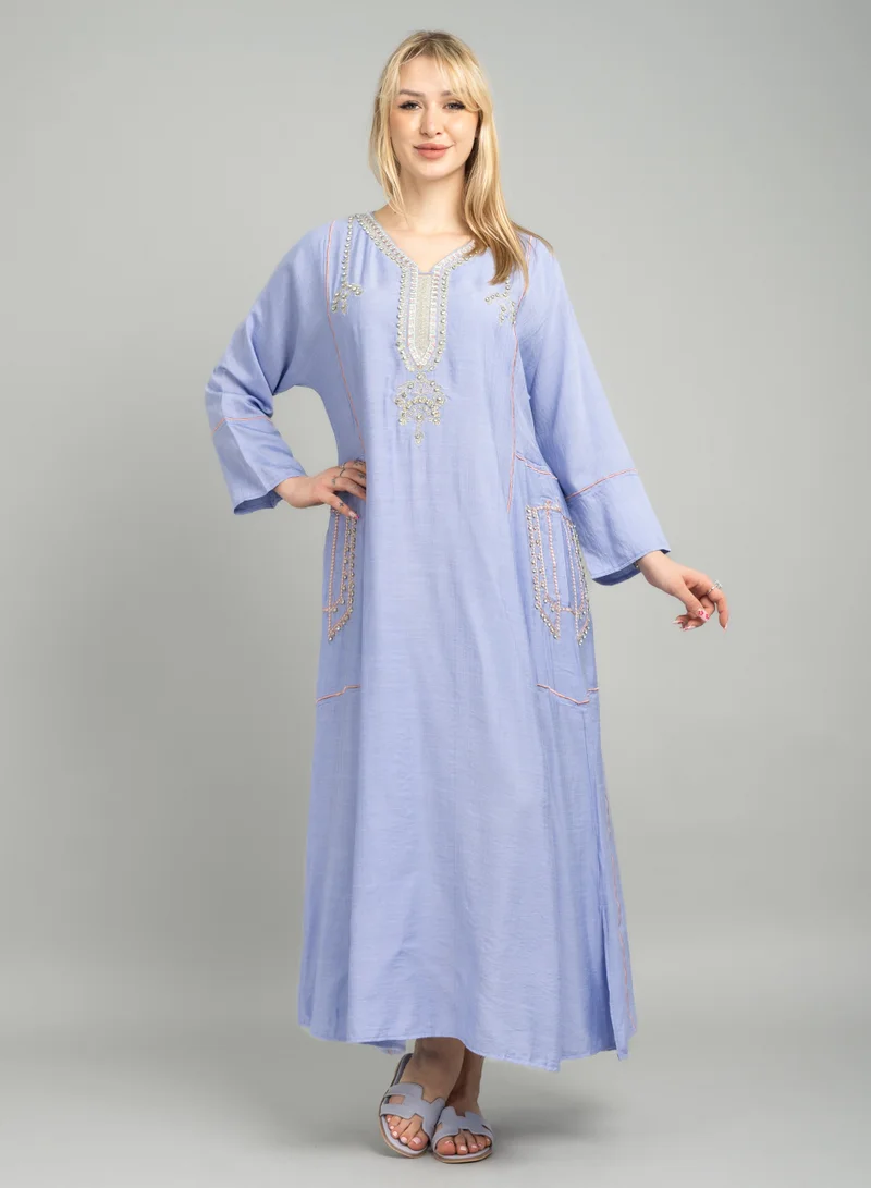 IKKXA Modern Embroidered Crystal Jalabiya with Pockets CJ1080 Violet