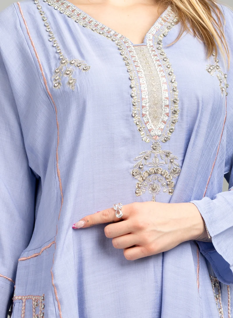 IKKXA Modern Embroidered Crystal Jalabiya with Pockets CJ1080 Violet