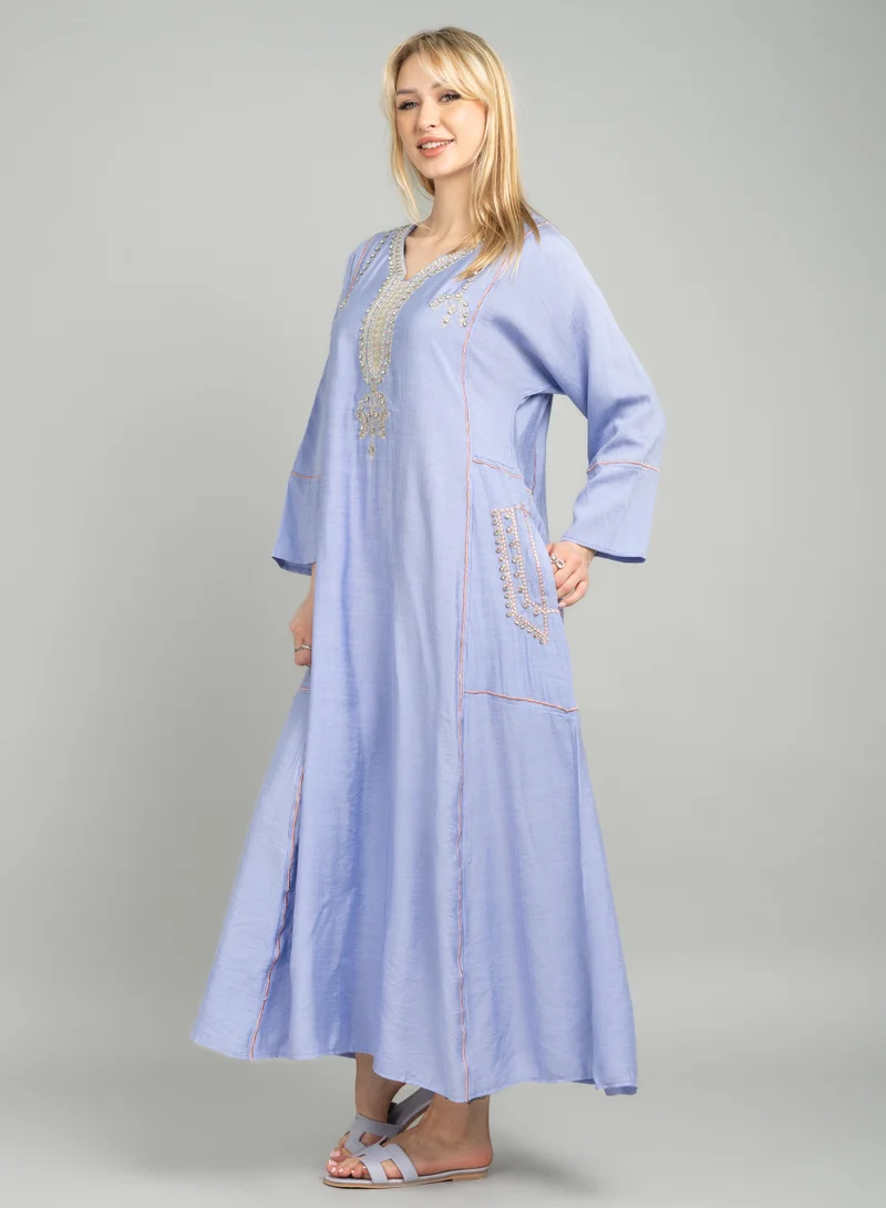 IKKXA Modern Embroidered Crystal Jalabiya with Pockets CJ1080 Violet