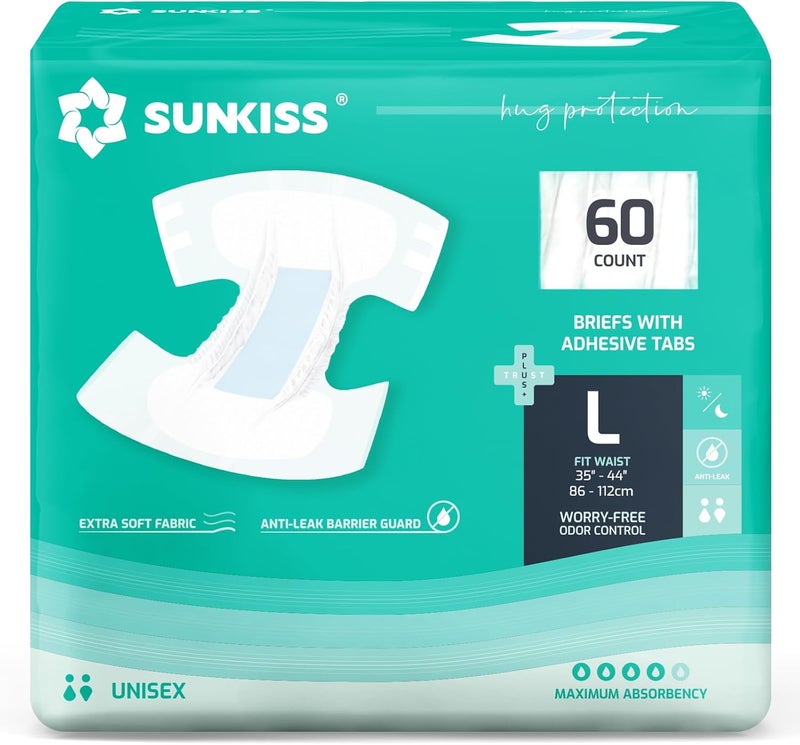 SUNKISS TrustPlus Adult Diapers with Maximum Absorbency, Disposable Incontinence Briefs with Tabs for Men and Women, Large, 60 Count (4 Packs of 15) - Image 1