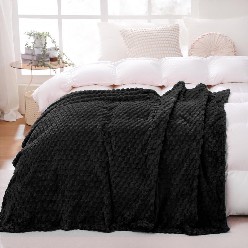 بطانية بونكونتيك السوداء 10890 بوصة فuzzy 3D جاكار زخرفية من الفلانيل فليس سوبر ناعمة فخمة مريحة للكنبة الأريكة الكرسي خفيفة الوزن