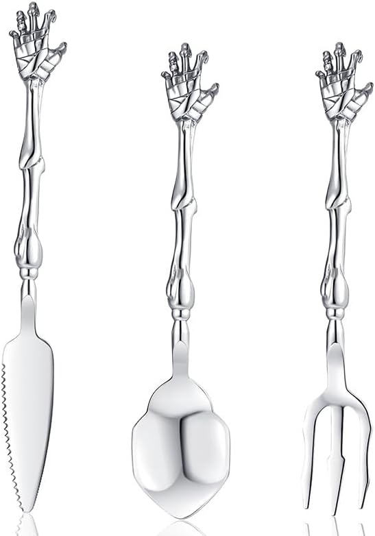 ONEKOO Forks Spoon Knives Serving Utensil Set 3 Pieces Skeleton Hand Shape Premium Stainless Steel Dinner ForkSpoonKnives Handmade Dishwasher Safe Use for Home Kitchen or Gift for Friend - Image 1