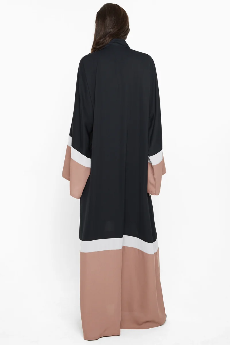 NUKHBAA A gorgeous abaya with wide taupe and grey stripe detail by the sleeves and ends .-AJ599A