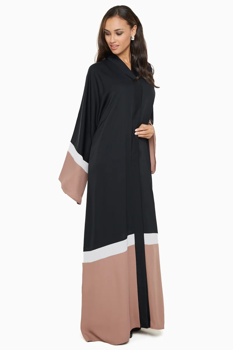 النخبة A gorgeous abaya with wide taupe and grey stripe detail by the sleeves and ends .-AJ599A