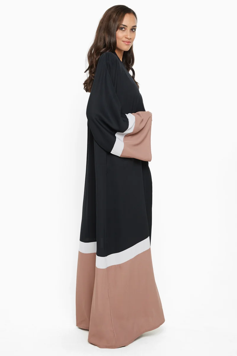 النخبة A gorgeous abaya with wide taupe and grey stripe detail by the sleeves and ends .-AJ599A