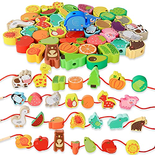 BMTOYS Montessori Educational Threading Toys Wooden Stringing Farm Animals Fruits Lacing Beads Preschool Toy for Toddler 3 4 5 Year Old Boys Girls - Image 1