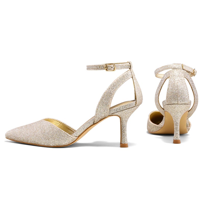 mysoft Women's Pumps Shoes Pointed Toe Kitten Low Heels Stiletto Ankle Strap Closed Toe Wedding Party Dress Sandals Gold Glitter - Image 3