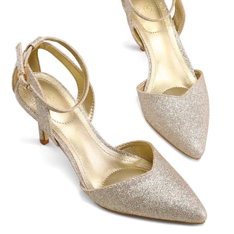 mysoft Women's Pumps Shoes Pointed Toe Kitten Low Heels Stiletto Ankle Strap Closed Toe Wedding Party Dress Sandals Gold Glitter - Image 5