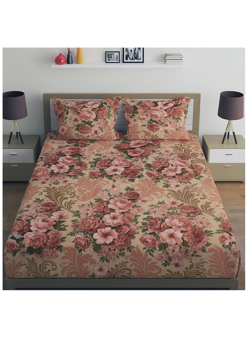 King Size Floral Cotton Bedsheet 240x270 cm with 2 Pillowcases 75x47 cm – 144 TC – Soft & Breathable – Peach Rose Design  - Image 1