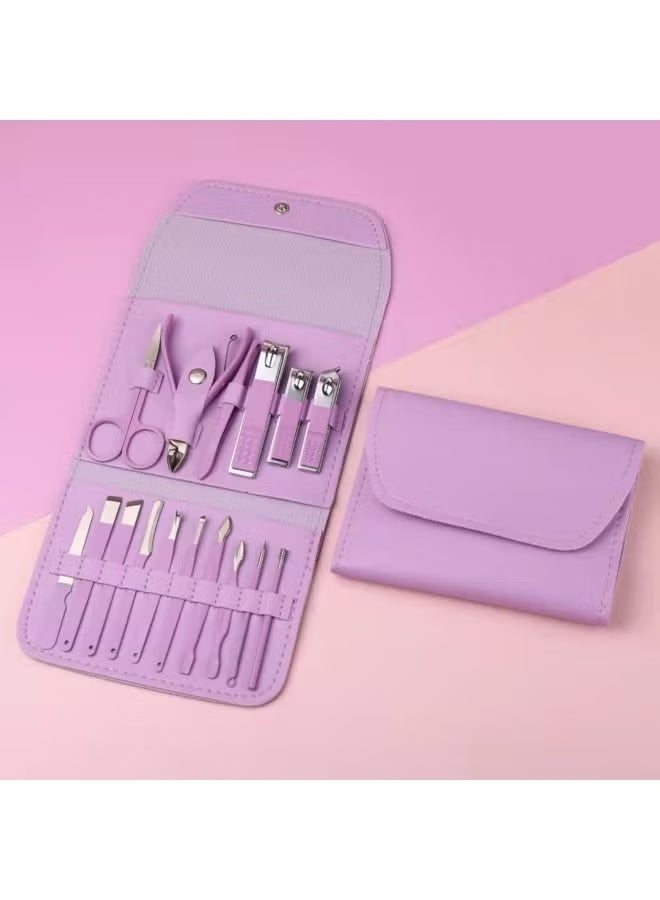 Professional 16-piece manicure set of stainless steel nail care tools with a luxurious leather travel case, suitable for thick nails, purple color. - Image 1