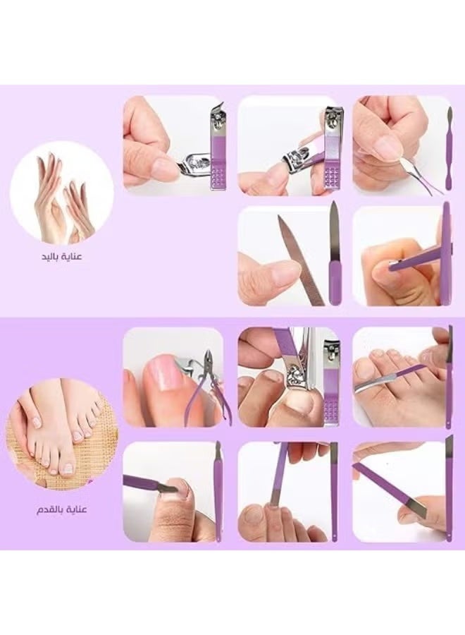 Professional 16-piece manicure set of stainless steel nail care tools with a luxurious leather travel case, suitable for thick nails, purple color. - Image 5