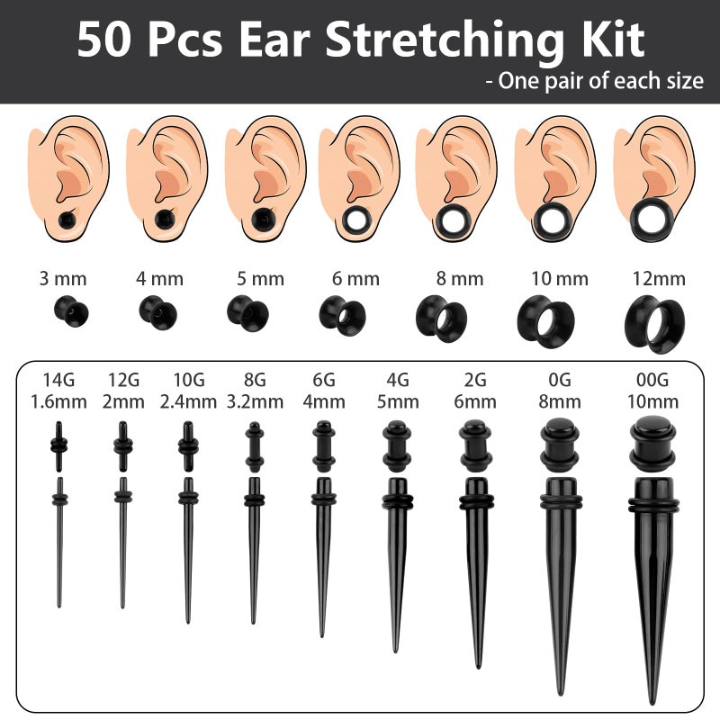 Okxiri 50 Pcs Ear Stretching Kit, Acrylic Gauges for Ears 14G-00G, Lightweight Tapers+ Plugs+ Silicone Tunnels, Gauge Stretching Kit, Piercing Earring Jewelry, for Men, Women, Starter Expanders - Image 2