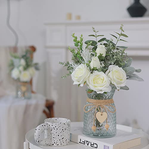 VIERENA Faux Flowers with Vase,Artificial Silk Roses in Vase, Fake Plant Eucalyptus Flower Arrangement for Home Office Farmhouse Bathroom Dining Table Centerpiece Decorations Coffee Table Decor (White) - Image 2