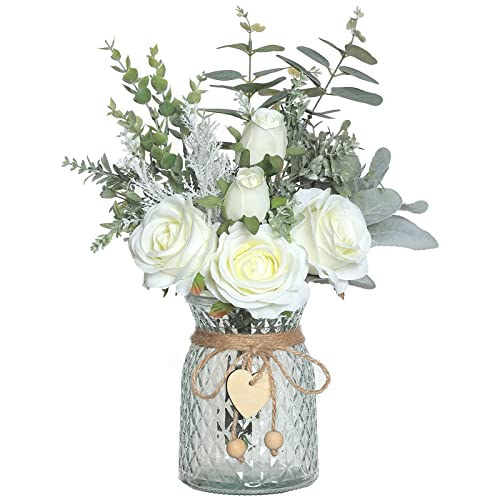 VIERENA Faux Flowers with Vase,Artificial Silk Roses in Vase, Fake Plant Eucalyptus Flower Arrangement for Home Office Farmhouse Bathroom Dining Table Centerpiece Decorations Coffee Table Decor (White) - Image 1