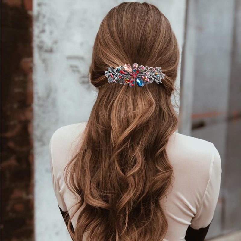 COAUXOG 4Pcs Sparkling Rhinestone Hair Barrettes,Flower Pearl Crystal Hair Clip Butterfly Rhinestone Spring Hair Barrette Clip Alloy Press Button Ponytail Braid Plate Hair Barrettes For Women Accessories - Image 4