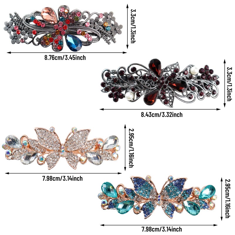 COAUXOG 4Pcs Sparkling Rhinestone Hair Barrettes,Flower Pearl Crystal Hair Clip Butterfly Rhinestone Spring Hair Barrette Clip Alloy Press Button Ponytail Braid Plate Hair Barrettes For Women Accessories - Image 2