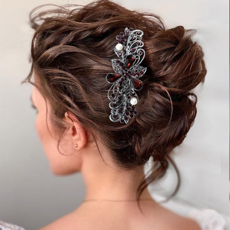 COAUXOG 4Pcs Sparkling Rhinestone Hair Barrettes,Flower Pearl Crystal Hair Clip Butterfly Rhinestone Spring Hair Barrette Clip Alloy Press Button Ponytail Braid Plate Hair Barrettes For Women Accessories - Image 5