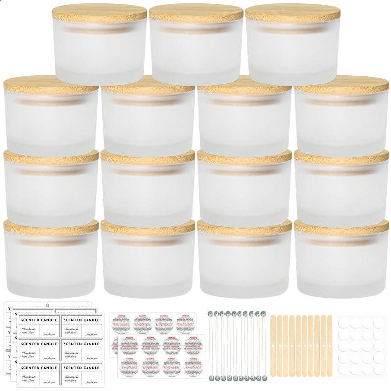 SUPMIND 4oz Candle Jars for Making Candles 15 Pack Small Frosted Glass Empty Candle Jars with Bamboo Lids and Wick Kit Mini Wide Mouth Candle Container Bulk Ideal for Candle Business Owners