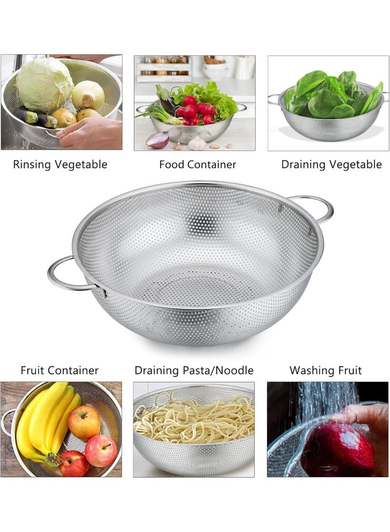 مصفاة مطبخ، 3 قطع من مصفاة ستانلس ستيل مع مقبض، مجموعة مصفاة كبيرة مثقبة دقيقة لتصريف المعكرونة والخضروات والفواكه والارز، امنة للاستخدام في غسالة الصحون، قطر 25.5/22.5/19.5 سم - Image 5