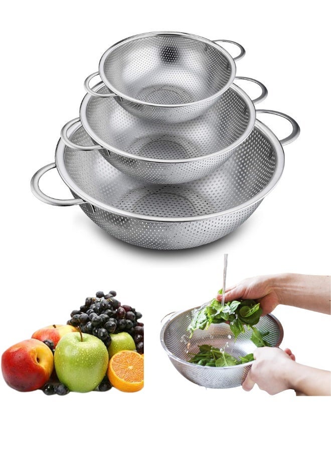 مصفاة مطبخ، 3 قطع من مصفاة ستانلس ستيل مع مقبض، مجموعة مصفاة كبيرة مثقبة دقيقة لتصريف المعكرونة والخضروات والفواكه والارز، امنة للاستخدام في غسالة الصحون، قطر 25.5/22.5/19.5 سم - Image 1