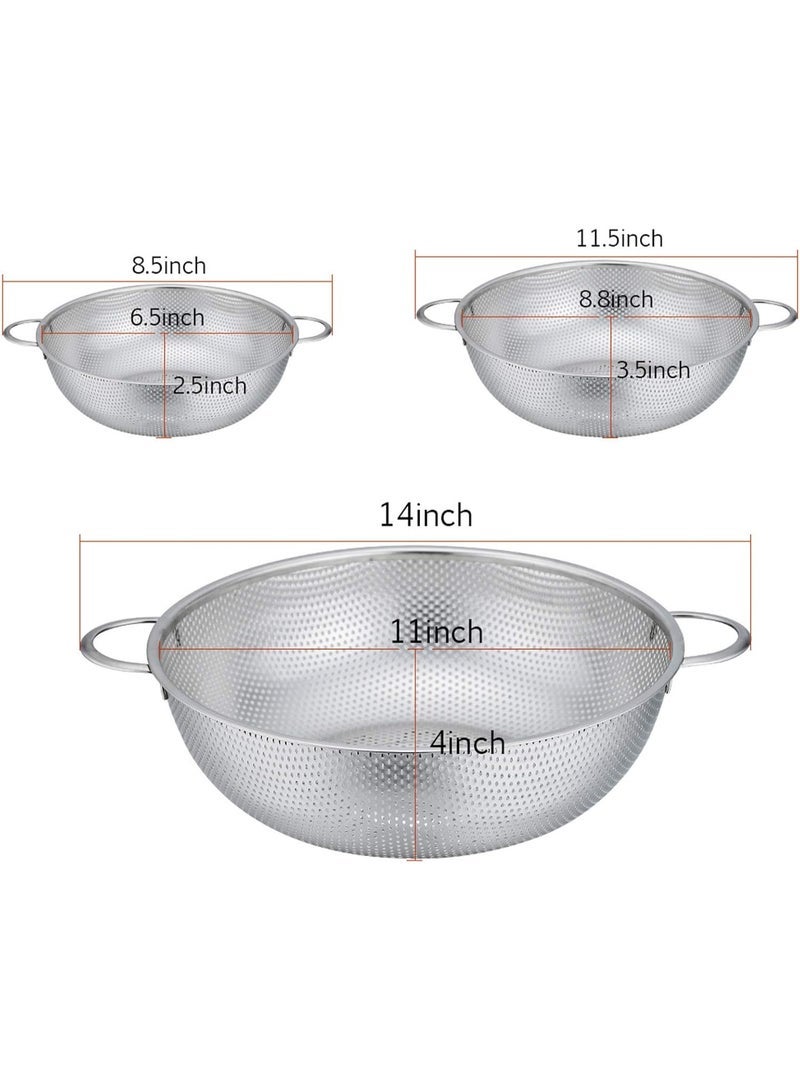 مصفاة مطبخ، 3 قطع من مصفاة ستانلس ستيل مع مقبض، مجموعة مصفاة كبيرة مثقبة دقيقة لتصريف المعكرونة والخضروات والفواكه والارز، امنة للاستخدام في غسالة الصحون، قطر 25.5/22.5/19.5 سم - Image 3