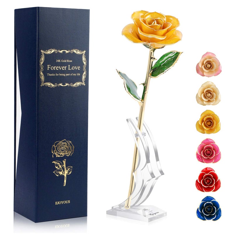 Ejoyous 24K Gold Dipped Real Rose wRose Stand Forever Blooming Yellow Golden Rose Her on Christmas Birthday Proposal Valentines Day Wedding Anniversary Yellow with Stand