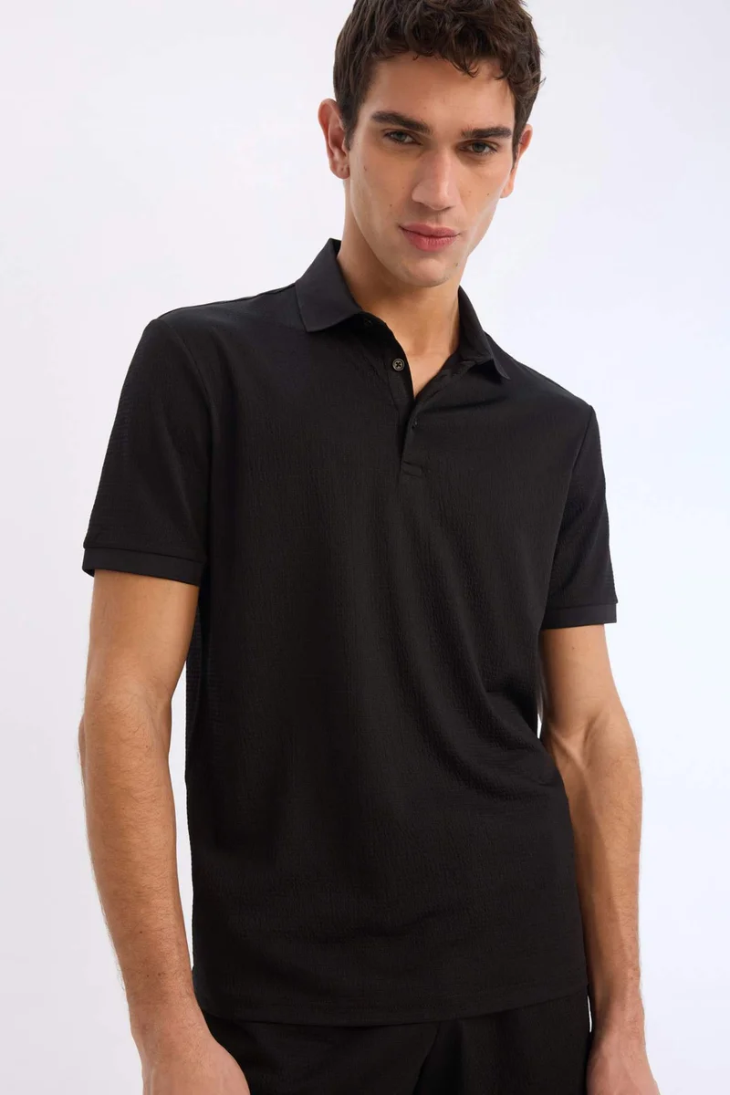 DeFacto Slim Fit Textured Short Sleeve Crinkle Polo T-Shirt