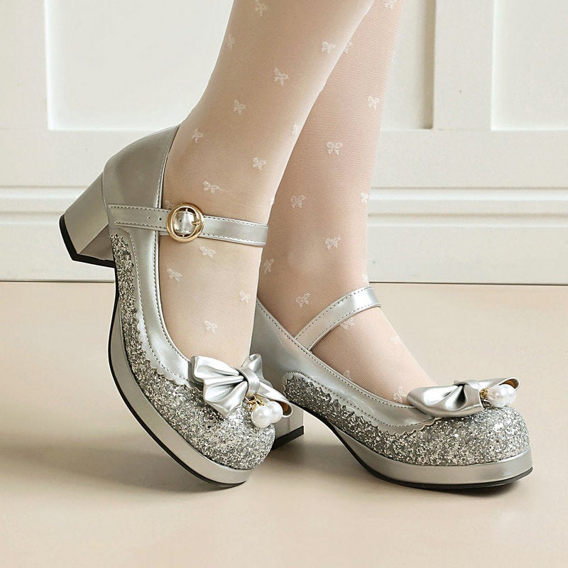 2026 Glitter Color-Blocked Chunky High Heels 40-48 Large Size Lolita Round-Toe Sweet Student Elegant Girl Shoes - Image 3