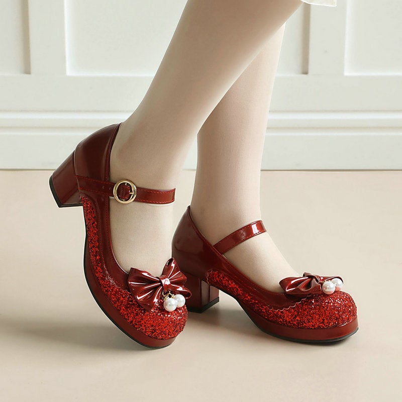 2026 Glitter Color-Blocked Chunky High Heels 40-48 Large Size Lolita Round-Toe Sweet Student Elegant Girl Shoes - Image 2