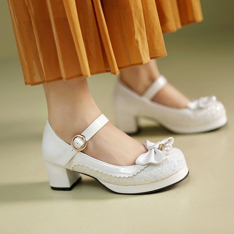 2026 Glitter Color-Blocked Chunky High Heels 40-48 Large Size Lolita Round-Toe Sweet Student Elegant Girl Shoes - Image 4