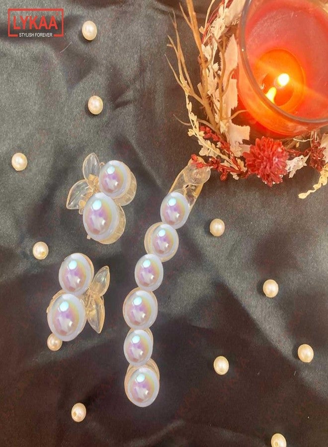 LYKAA Pearl Korean Banana Hair Clip with Two Pearl Clutchers, Ponytail Holder Hair Clip French Barrettes Teeth Inside Slide Jaw Clips For wedding fancy clips for Women and Girls- 3 Pcs - Image 4